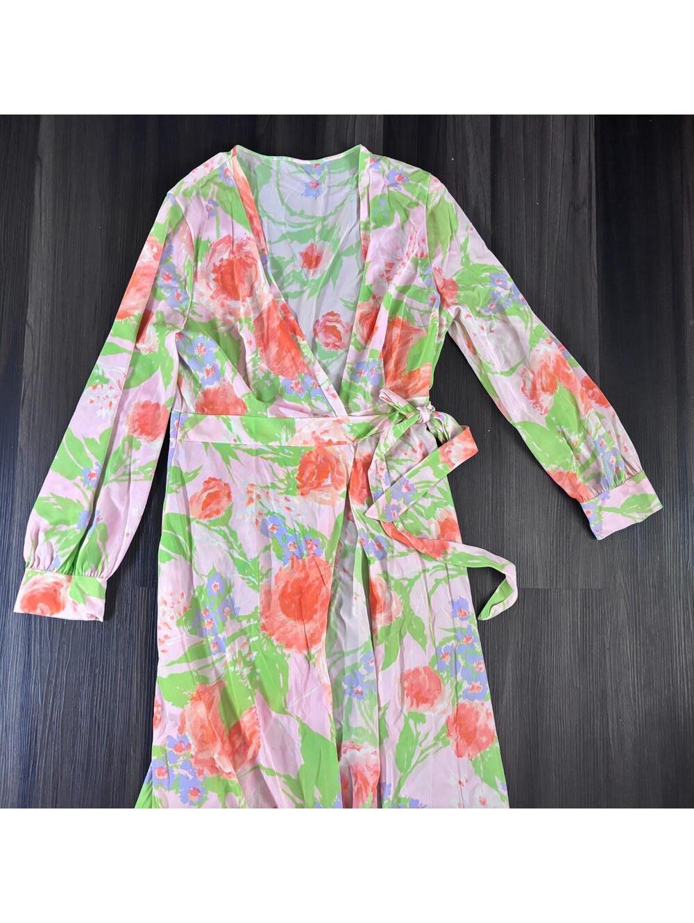 Vintage 70's Sears Pink Travel Dressing Wrap Robe Size S/M Green Orange Floral
